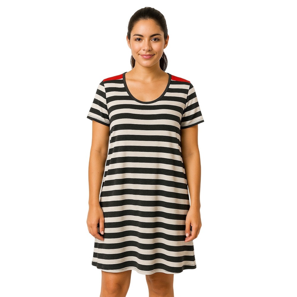 Exist Tunic Dress Striped Charcoal White Red Short Sleeve Scoop Neck‎ Size Large